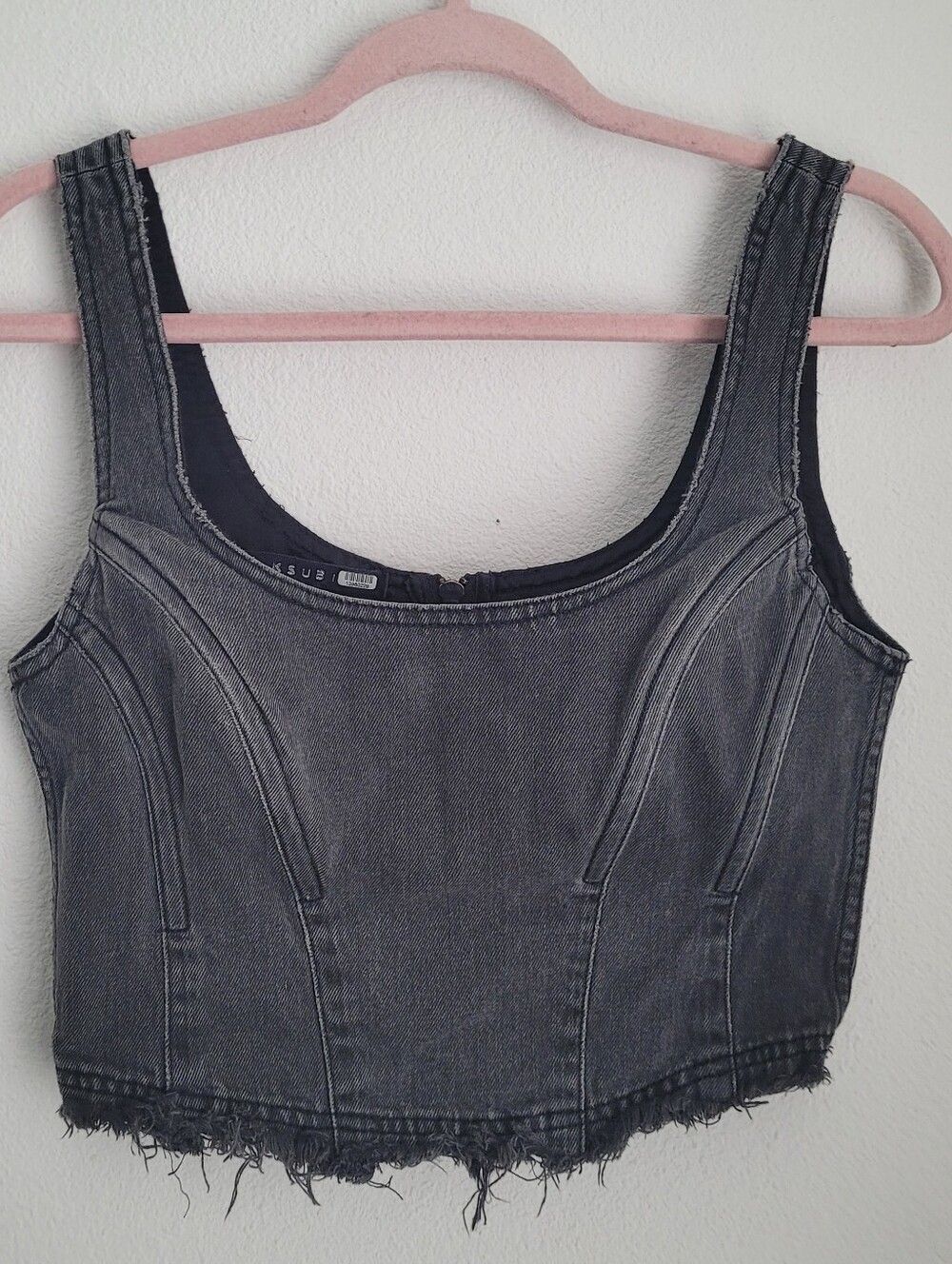 Ksubi Crimez Corset X Rated Black Denim Crop Top Medium Distressed Raw Hem Y2K